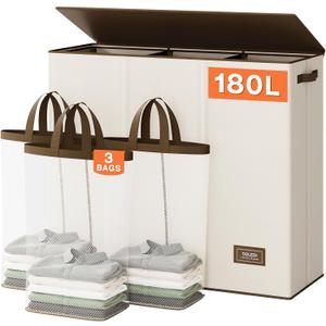 SOLEDI 180L Laundry Hamper 3 Section, Extra Large Laundry Hamper with Lid, Dirty Clothes Hamper with Sturdy Handle, Large Laundry Basket Organizer for Laundry Room, Bedroom, Hampers for Laundry (Off-white) SOLEDI 180L Laundry Hamper 3 Section, Extra Large Laundry Hamper with Lid, Dirty Clothes Hamper with Sturdy Handle, Large Laundry Basket Organizer for Laundry Room, Bedroom, Hampers for Laundry (Off-white)