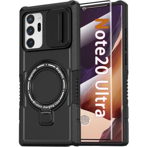 Magnetic Case for Samsung Galaxy Note 20 Ultra with Ring Stand [with Screen Protector] [Compatible with MagSafe Wireless Charging] Military Grade Shockproof Case with Slide Camera Cover, Black