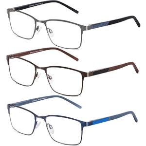 3 Pack Reading Glasses Men, Blue Light Blocking Reading Glasses 4.0, Anti Eyestrain/Glare/UV, Metal Frame Spring Hinge Computer Readers with Pouches (4.0+) Gun/brown/blue