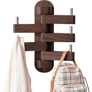 Swivel Coat Rack for Wall, Oak Wood Coat Hooks Wall Hooks with 5 Swivel Foldable Arms, Entryway Shelf for Bedroom, Entryway, Living Room, Bathroom,Office, Classroom, Heavy Duty (Walnut)
