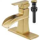 Brass Waterfall Faucet, Brushed Gold Bathroom Faucet, Single Handle for One Hole or 3 Holes 4 Inch with Pop-Up Drain, Pre-Installed Supply Hoses and Deck Plate for Vanity RV Farmhouse Modern