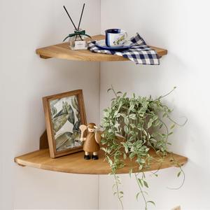 Corner Shelves Wall Mount, 12inch Oak Wood Floating Corner Shelves Set of 2 Round End Small Plant Shelf Wall Mount for Kitchen, Living Room, Bedroom (11.8inch 2P)