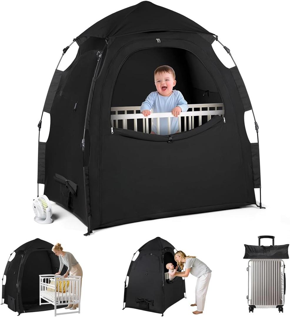 Blackout Tent for Pack and Play - Pack N Play Blackout Cover - 1-Click Setup Portable Sleep Pod with Monitor Pouch & 2 Fan Pouch, Black Out Tent Blocks 95% Light, Medium