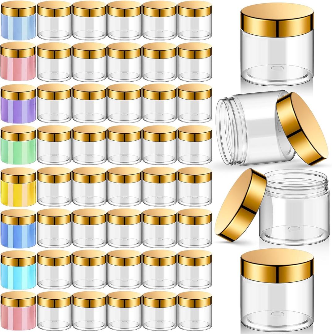 Patelai 48 Pack 1 oz Clear Plastic Jars with Gold Lids Empty Containers Round Clear Plastic Jars Widemouth Refillable Storage Organizers for Cosmetics Lotions Butters Slime Making and Food Storage