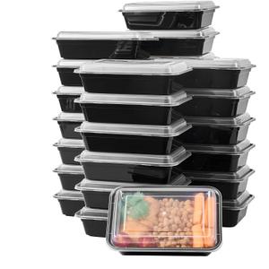 FULIGN 24 oz Meal Prep Containers With Lids Reusable 50 Pack Extra-thick Plastic Food Storage Black Disposable To Go Lunch Box BPA Free Stackable Microwave Dishwasher Freezer Safe