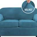 H.VERSAILTEX Real Velvet Plush 3 Piece Stretch Sofa Covers Couch Covers for 2 Cushion Couch Loveseat Covers Width Up to 72 Inch Thick Soft Stay in Place (Medium Sofa, Peacock Blue)