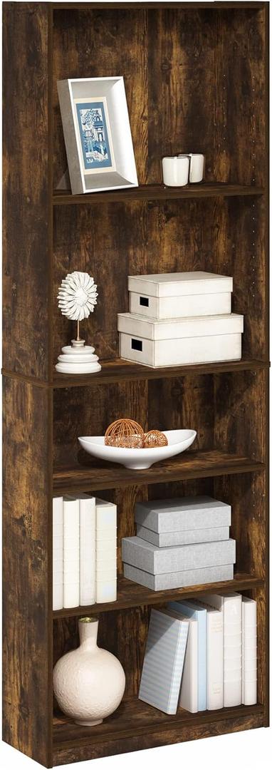 Furinno JAYA Book Shelf, 5-Tier Bookshelf, Bookcase with Adjustable Shelves, 9.5" x 24.5" x 71.2", for Organization and Storage, for Living Room, Bedroom, Home Office, Amber Pine