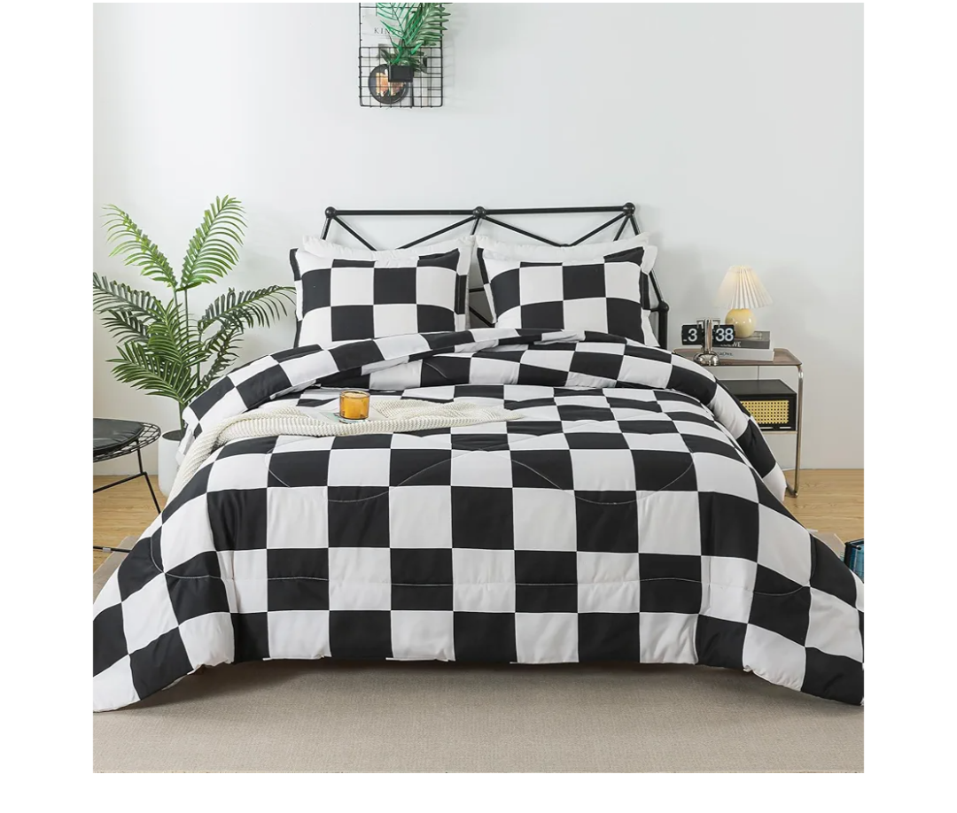 Caressma Black White Comforter Set Twin Size, Checkered Plaid Comforter Bedding Set, Fluffy Grid Plaid Comforter Home Decor for All Seasons