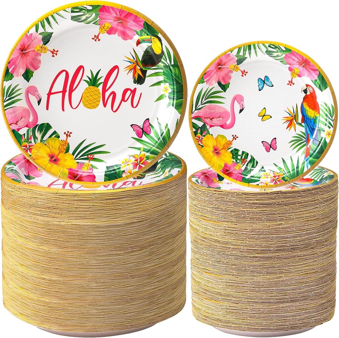 Dandat 192 Pcs Hawaiian Luau Party Decorations Supplies, Luau Tropical Birthday Party Disposable Plates Summer Boho Beach Holiday Party Paper Plates