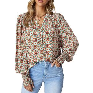 3 x Dokotoo Women's Casual V Neck Easel Floral Print Long Sleeve Blouses Smocked Button Down Shirts Bohemian Top (Green, S)
