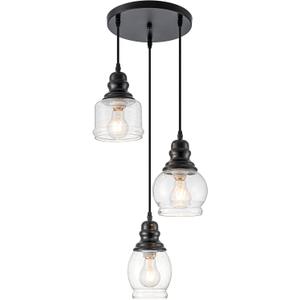 WILON Pendant Light Fixtures, 3 Light Pendant Lighting for Kitchen Island Industrial Hanging Pendant Lighting with Seeded Glass Shade, Black Glass Pendant Light for Dining Room Kitchen Island
