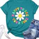Happy to See Your Face Shirt: Women Funny Teacher T-Shirt First Day of School Shirts Groovy Back to School Tee Top(Cyan, Small)