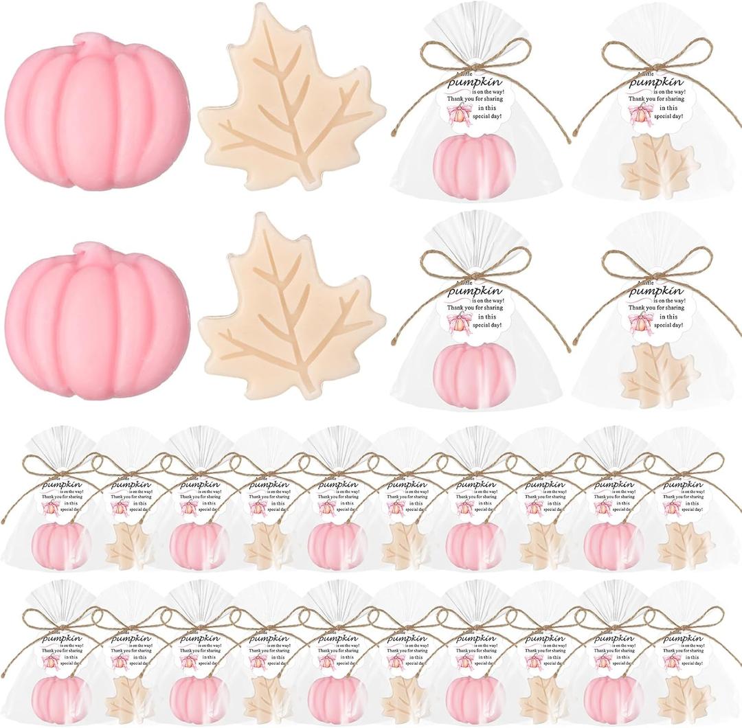 Leelosp 20 Sets Pumpkin Baby Shower Favors 10 Pumpkin and 10 Maple Leaf Soap 20 Thanks Cards 20 Gift Bags with String for Fall Thanksgiving Bridal Shower Wedding Autumn Party Guest Gifts