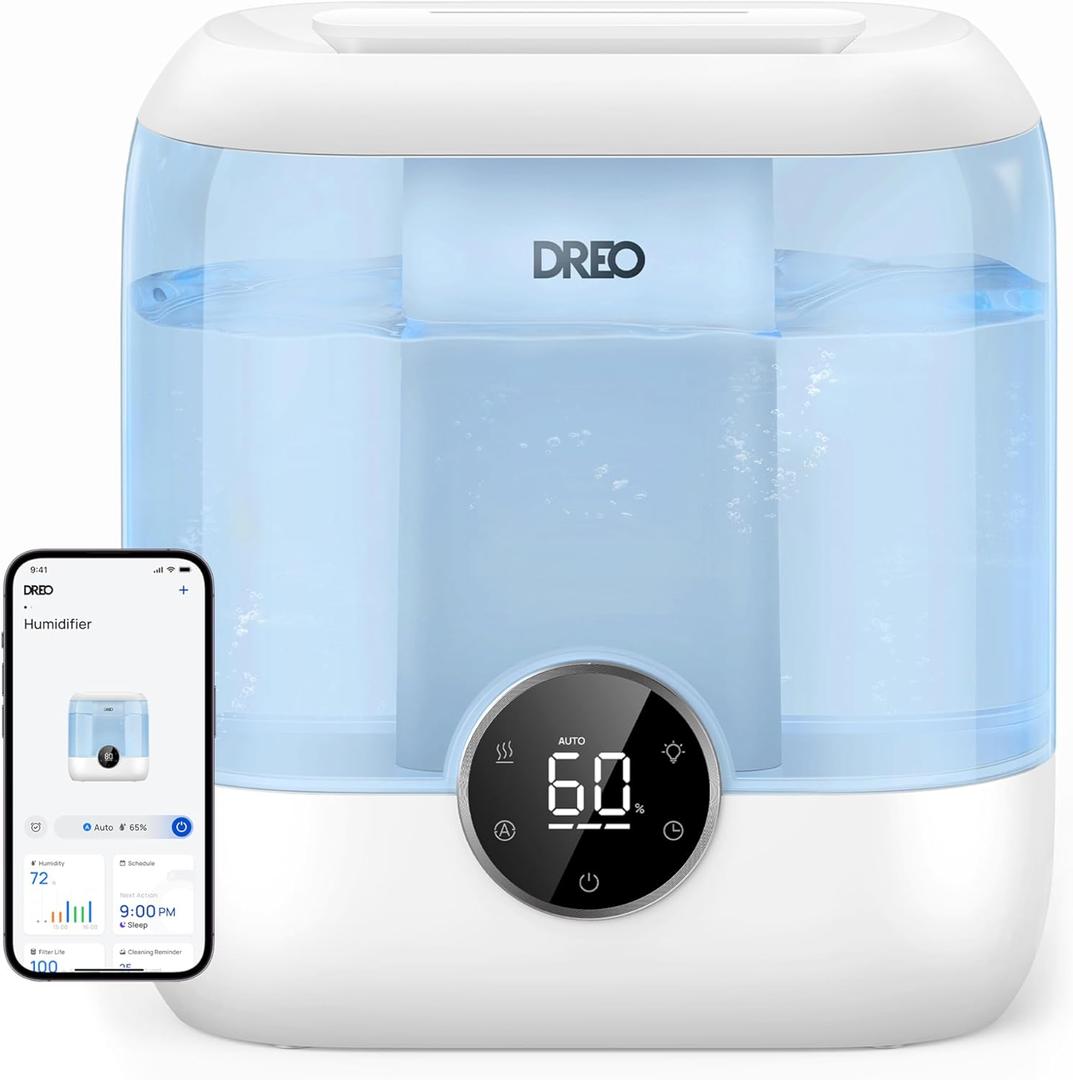 DREO Smart Humidifiers for Bedroom, 6L Top Fill Supersized Cool Mist Humidifier for Large Room, 60 Hour Runtime, Quiet Ultrasonic Humidifiers for Plants, Baby, Indoor, Home, Night Light, Blue