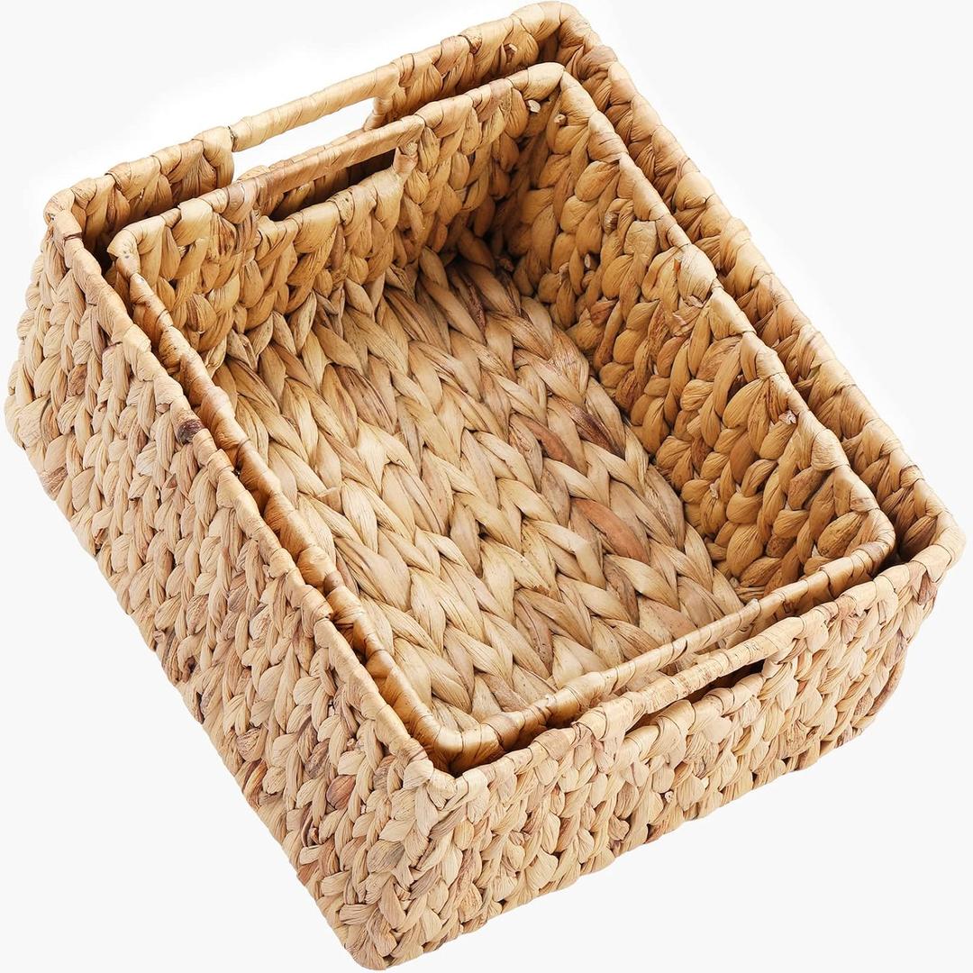 HOONEX Water Hyacinth Storage Baskets, Wicker Baskets for Organizing, Hand Woven Baskets with Carry Handles, Set of 2, Natural (15 x 12.8 x 7.5 inches)
