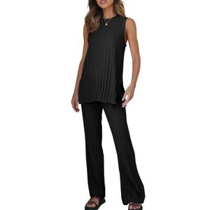 Tankaneo Two Pieces Outfits Sleeveless Top Knit Sets Trendy Lounge Long Pajamas Set, M