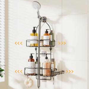 Yofidra Shower Caddy Hanging Adjustable Over the Shower Head Organizer Rustproof Bathroom Shelves with Soap Basket - Black