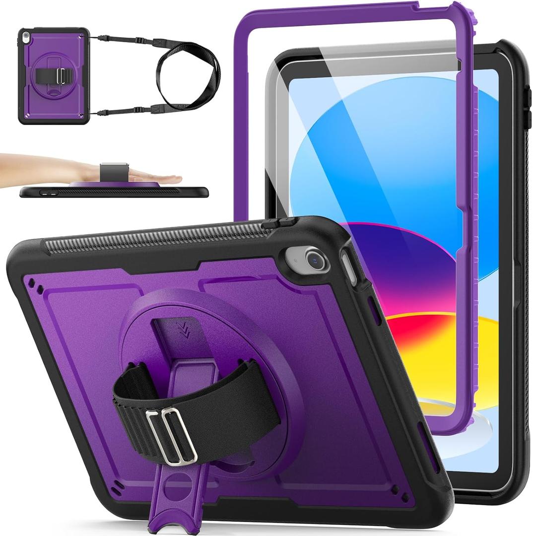 SEYMAC stock Case for iPad A16 11-inch Case 2025/ for iPad 11th/ 10th Generation 10.9'' 2022, Protective with Screen Protector, Pen Holder, Rotate Stand, Loop Nylon Hand Strap, Shoulder Strap, Purple
