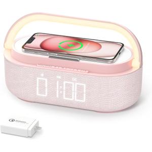 COLSUR Bluetooth Speaker with Wireless Charger, FM Radio, Dimmable LED Night Light, Dual Wireless Speakers, 2500mAh Portable Speaker for Home Decoration, Bedroom, Office, Gift (Pink)