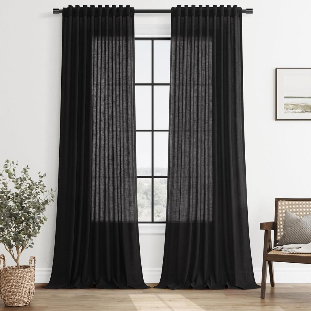SMABU Black Linen Curtains 90 Inches Long for Living Room 2 Panels Set, Dark Flax Textured Drapes, Back Tab Rod Pocket Light Filtering Semi Sheer, Modern Gothic Curtain for Bedroom Dining, 52X90