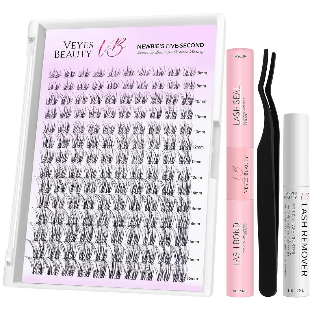 VEYESBEAUTY Aliva Cluster Lashes Kit Individual Lash Extensions Newbie's Five-Second DIY Dramatic Volume Eyelash Spider Wispy Faux Mink Lash Mixed Length Tray with Bond & Seal, Applicator at Home