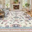 8x10 Washable Area Rugs - Modern Oushak Rug Vintage Floral Carpet for Living Room Non-Slip Low Pile Soft Machine Washable Carpet for Bedroom, Dining Room, Nursery, Farmhouse (8'x10', Pink and Blue)