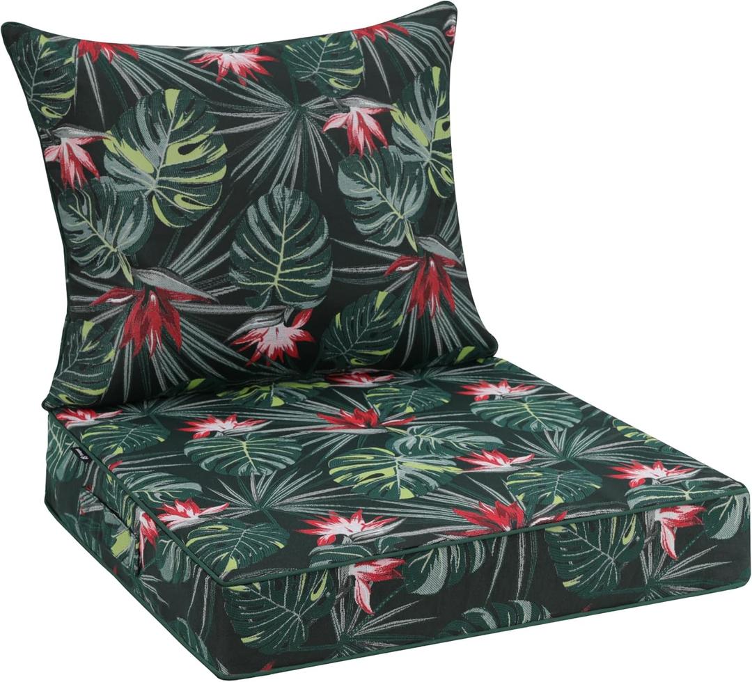 Favoyard Outdoor Seat Cushion 24 x 24 x 4 in Waterproof Pattern Fade Resistant Cover Removable Patio Furniture Cushions Deep Seat & Back Cushion Set with Adjustable Straps for Patio Chair Sofa Couch (Black Floral)