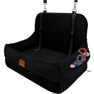 Dog Car Seat for Medium/Large Dogs Under 50 lbs,Contains 4 Inches of Memory Foam Pet Booster Seat with 2 Safety Leashes,Detachable & Washable Car BedMulti-Functional Pet Travel Bed with Pockets (Black)