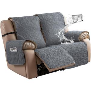 Genina Loveseat Recliner Cover Non-Slip, Sofa Cover for Reclining Couch 2 Seat, Loveseat Covers Double Recliner Furniture Protector Cover with Elastic Straps for Pets (Dark Gray, Recliner Loveseat)