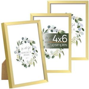 upsimples 4x6 Picture Frame Set of 3, Made of High Definition Glass for 4 x 6 Gold Frames, Wall and Tabletop Display Thin Border Photo Frame for Home Décor