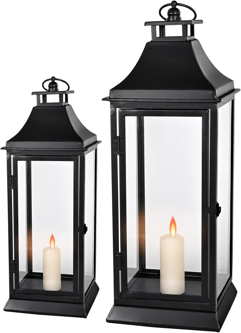SwallowLiving Lantern Rustic Farmhouse Decor, Set of 2 Metal Candle Lantern with Glass Panels, Black Decorative Lanterns for Outdoor Indoor, Table, Fireplace, Patio, Christmas (Candle Not Included)