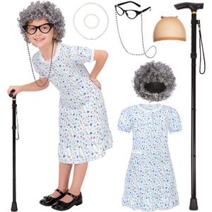 SIZGAROOT Old Lady Costume for Kids Girls 100th Days of School Costume for Girls Halloween Party Dress Up (5-6 Years)