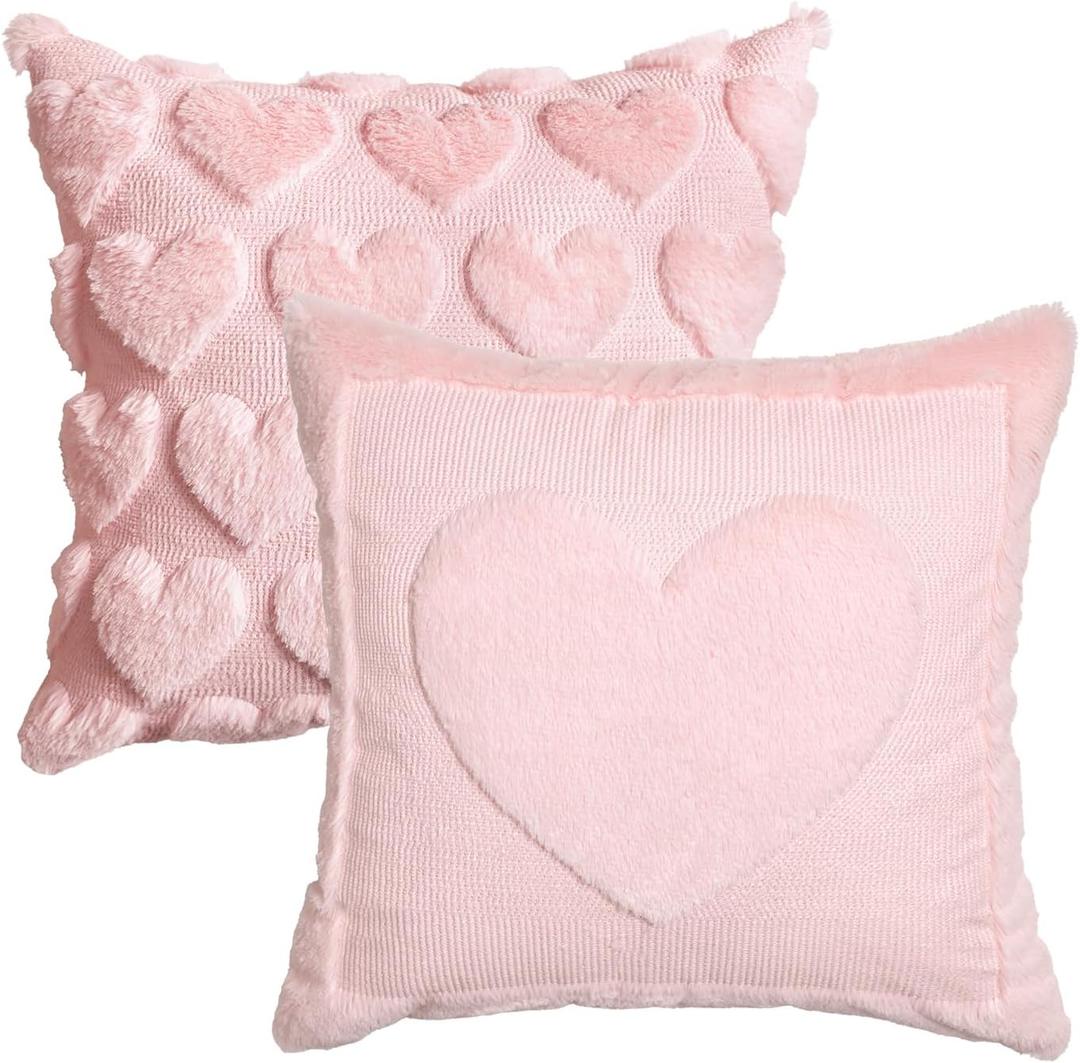 AVOIN colorlife Happy Mother's Day Love Heart Pink Throw Pillow Covers, 18 x 18 Inch Gift Home Decor Soft Plush Faux Fur Jacquard Cushion Case for Sofa Couch Pink, 18" x 18" (Pack of 2)
