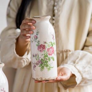 Teweiqi Ceramic Rustic Farmhouse Vase, Distressed Floral Pattern, Holds Water, With Handle, 7.8 inches