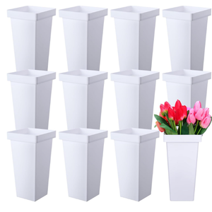 Beeveer 12 Pcs Flower Buckets 13.4 Inch Plastic Floral Bucket for Cut Flowers Modern Square Vases for Centerpieces Display Decorative Plastic Vases for Table Home Wedding Decorations (White)