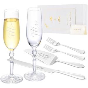 Wedding Cake Knife and Server Set with Forks, Classical Style Crystal Champagne Flutes Toasting Glasses for Bride and Groom, Wedding Gifts for Couples, Engagement and Bridal Shower Gifts: Champagne Glasses