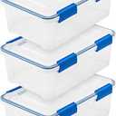 IRIS USA WeatherPro 16 Qt Storage Bins with Lids, 3 Pack, BPA-Free Plastic Gasket Box with Tight Latch and Seal, Stackable Nestable Tote Tub - Clear/Blue (16 Qt. - 3 Pack)