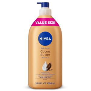 NIVEA Cocoa Butter Body Lotion for Dry Skin with Hyaluronic Acid, Cocoa Butter and Deep Nourishing Serum, 72-Hour Body Moisturizer, 33.8 Fl Oz Value Size Pump Bottle