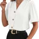 EVALESS Blouses for Women Dressy Casual Summer Short Sleeve Button Down Shirts Business Work Tops (Large, White)