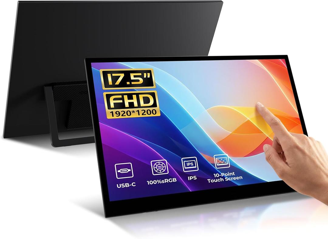17.5" Portable Touchscreen Monitor, 19201200 IPS 16:10 Display, USB-C & HDMI Plug-and-Play, Built-in Dual Speakers, Ultra-Slim Travel Monitor for Laptop, PC, Smartphone & Game Consoles