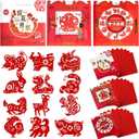 APUDWN 90 Pcs Chinese Paper Cutting Kit, Chinese New Year Crafts Window Decorations, Silhouette Traditional Spring Festival Supplies Fu Zodiac Signs for Celebration Door Wall Lucky Gift