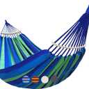Double Hammock 2 Person Extra Large 220x160cm Total Length 330cm Load 500lb Canvas Cotton Hammock for Patio Porch Garden Backyard Lounging Outdoor and Indoor with Removable Spreader bar (Blue Stripe)