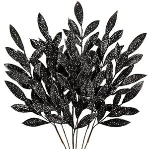 DILATATA 6Pcs Christmas Glitter Leaves Bay Leaves Spray 24" Artificial Black Bay Leaf Picks Sprays Giltter Stems for Halloween Centerpiece Christmas Home Decor Home Decor - Black