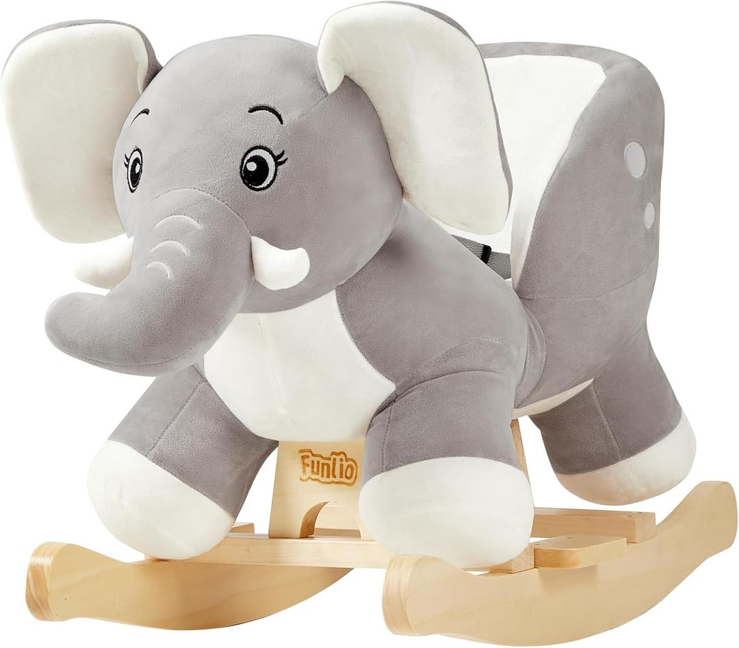 FUNLIO Elephant Baby Rocking Horse for Toddlers 6 Months to 3 Years, Cute & Graceful Grey Elephant Rocker for Baby Girl, Stuffed Plush Ride-on Rocking Animal, Easy to Assemble, CPC & CE Certified, Large