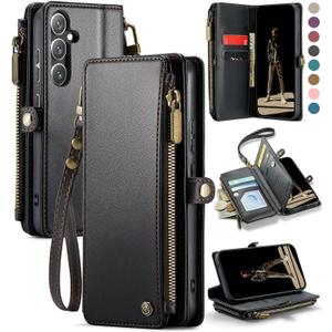 Defencase for Galaxy S25 Case Wallet with RFID Blocking Card Holder for Women Men, Elegant PU Leather Magnetic Snap Flip Wristlet Strap Zipper Wallet Phone Cases for Samsung Galaxy S25 5G 6.2", Black