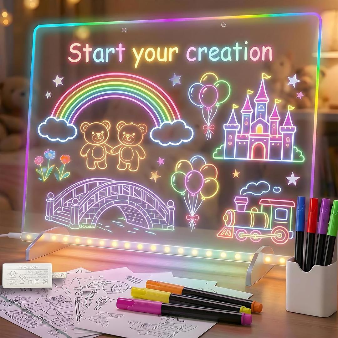 LED Drawing Board for Kids, 16" Rechargeable Light Up Drawing Pad, Acrylic Dry Erase Board with 7 Markers & Cleaning Kit, Creative Gift for Boys Girls Ages 3 4 5 6 7 8 9 10 12+ Years Old