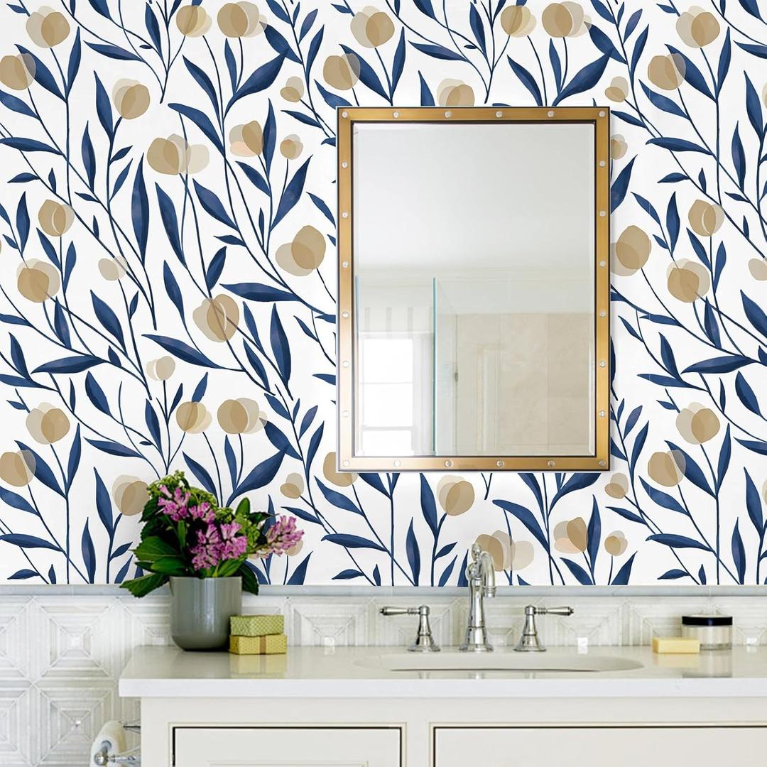 HAOKHOME Peel and Stick Wallpaper Boho Floral White/Navy/Tan Bathroom Wall Paper Stick on Contact Paper 17.3in x 32.8ft