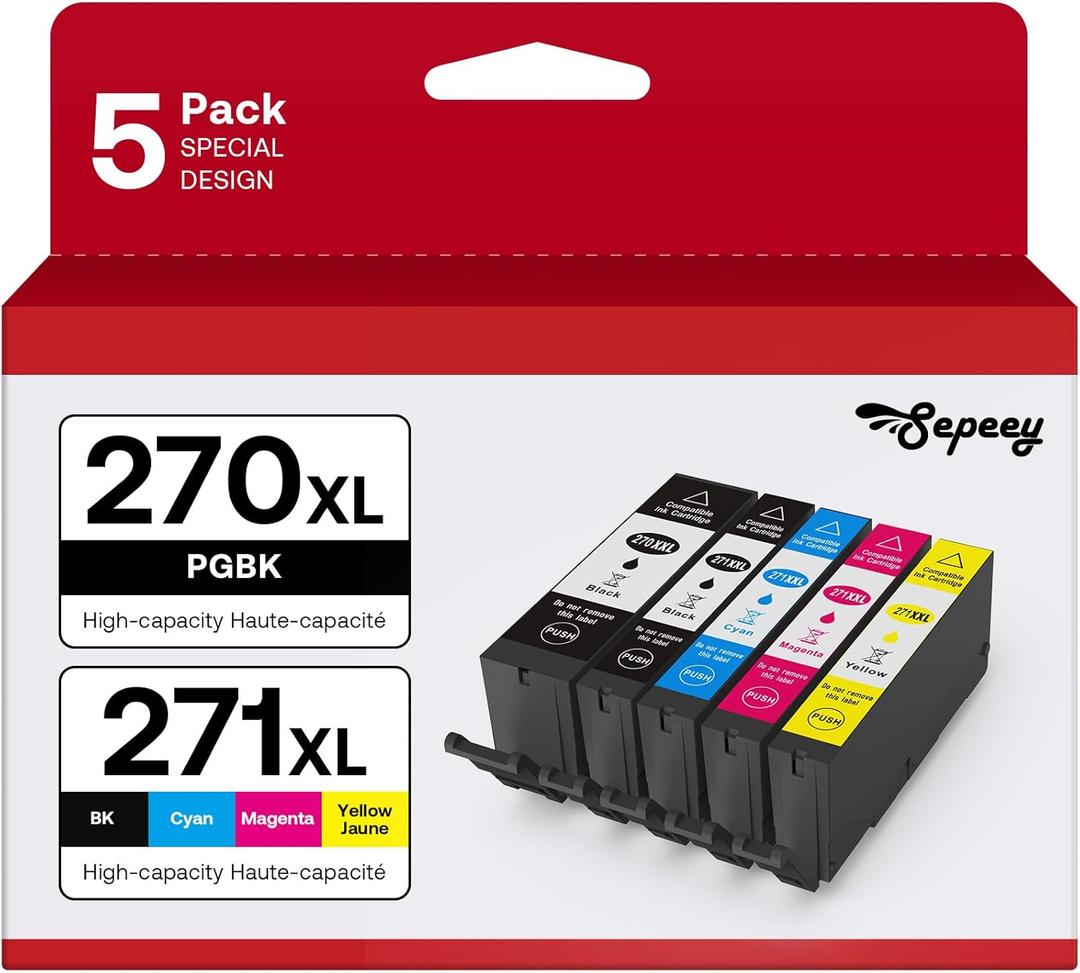 PGI-270XL CLI-271XL 5 Color Value Pack Compatible for 270 271 Ink Cartridges to use with MG5720 MG5721 MG5722 MG6820 MG6821 MG6822 TS6020 (PGBK, Black, Cyan, Magenta, Yellow)