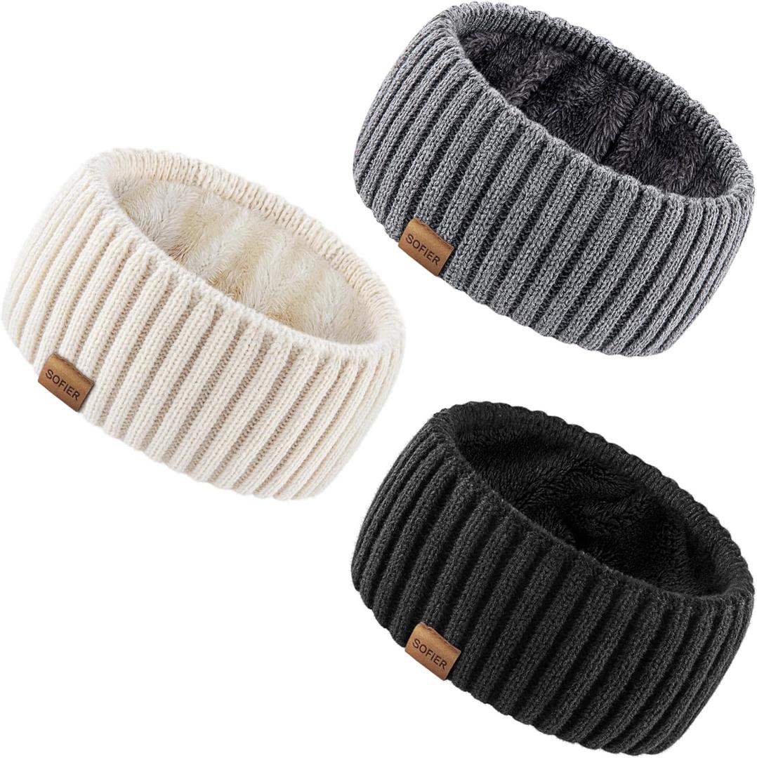 Sofier Winter Headbands for Women 3 Pack Knit Ear Muffs With Thick Fleece (Beige)
