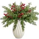 ComfyKit 45Pcs Artificial Pine Branches with Red Berry Stems,Christmas Faux Green Cedar Sprigs Branches,Fake Greenery Pine Needles for Wreaths,Garlands,Craft DIY,and Xmas Decorations